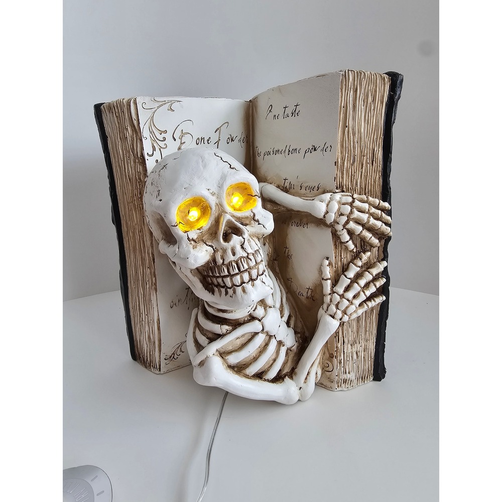 Halloween Spell Book Skeleton Figurine LED Light Up Eyes Gothic Resin Decor 9"